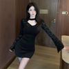 Women's Autumn Sexy Open-Back Lace Patchwork Halter Dress - Bodycon Hollow-Out Hot Girl Short Skirt
