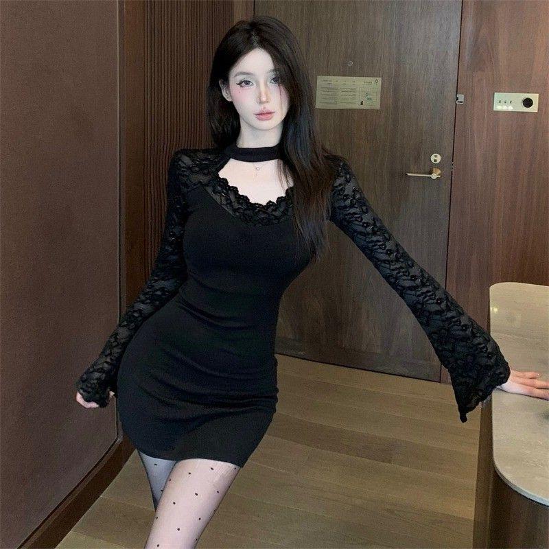 

Women s Autumn Sexy Open-Back Lace Patchwork Halter Dress - Bodycon Hollow-Out Hot Girl Short Skirt M