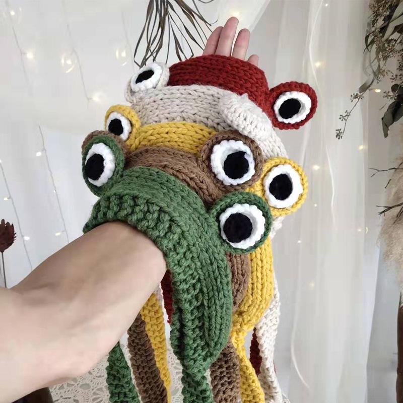Gestrickte niedliche Mütze Froschaugen Kapuze Wollmütze Damen Trend Herbst Winter Warme Ohrenschützer Gehörschutz Gewebte Mütze