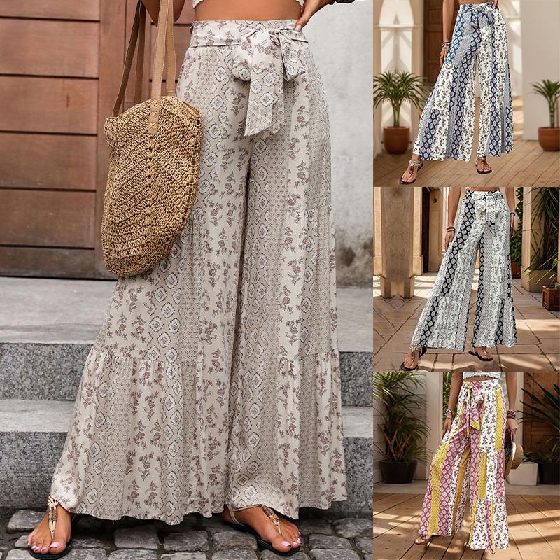 Casual Vacation Style Lace-up Geometric Floral Print Wide-leg Pants for Women