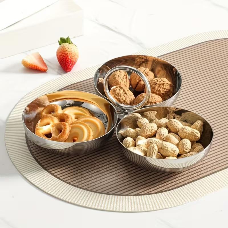 3-Compartment Stainless Steel Snack Bowl With Handle Candy Dish, Dessert Plate & Ornament For Parties, Home, Picnics, Office