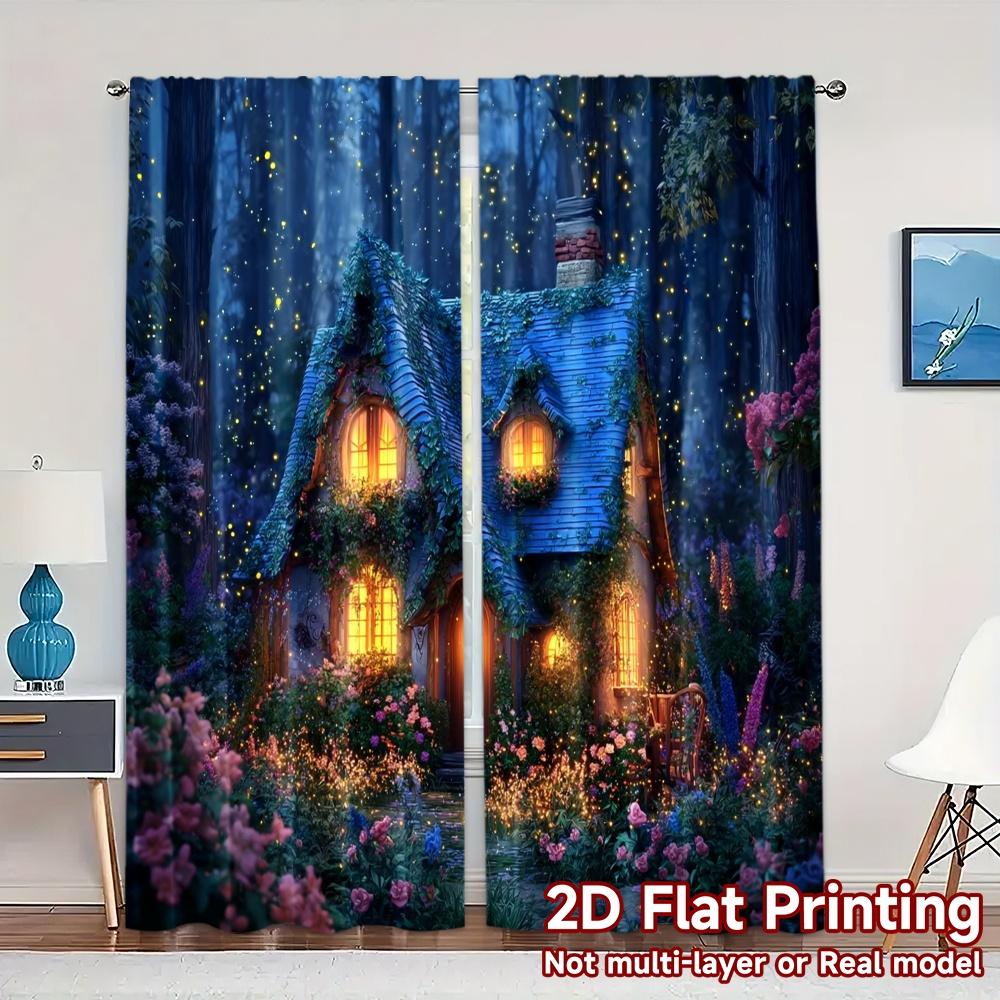 

Set Of 2 Flat Printing Curtains Without Rod Fairycottagenight Popular Fashionable Durable Polyester Fabric Curtain Made W100*H70(CM)-Rod Pocket&2PCS