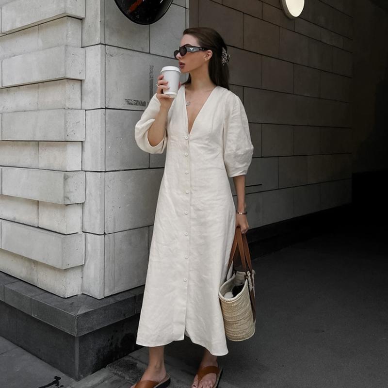 

LYRIA French-style light mature cotton linen puffed sleeve dress for women, summer backless loose V-neck shirt dress long dress L хакі