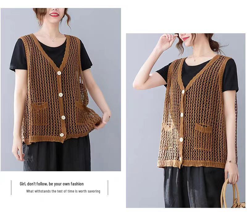 Retro Artistic Hollow-Out Knit Vest – Women's Loose Cotton-Linen Cardigan