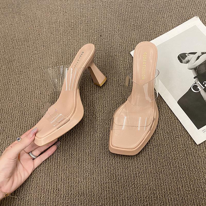 

2025 лето новая мода шлепанцы на толстом каблуке женские прозрачные с крутыми шлепанцами женские 40 абрикосовый