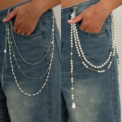 Chaîne de Pantalon Multifonctionnelle à Franges en Forme de Pentagramme Hip-Hop, Pendentif Chaîne de Taille Multi-Couches en Perles d'Imitation Personnalisable