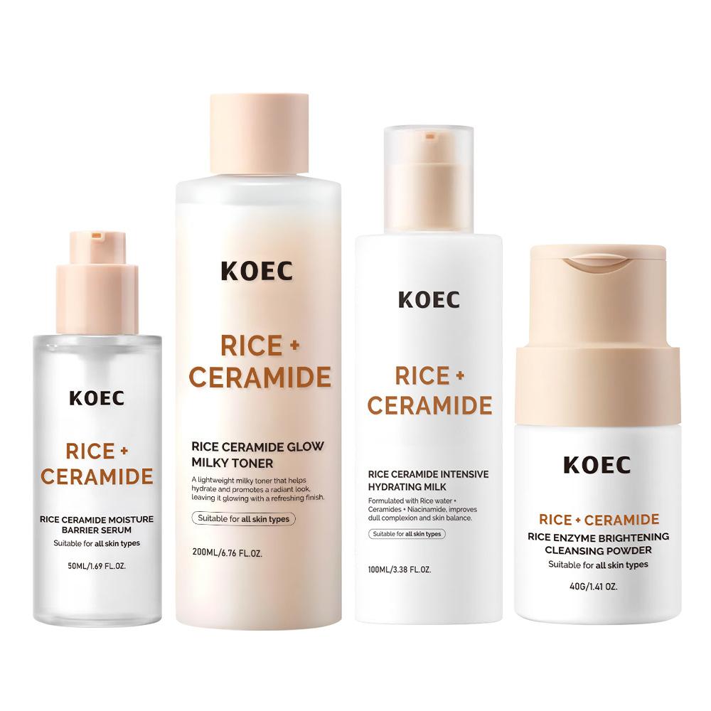 Set Viso KOEC Ceramide di Riso 4 Pezzi: Acqua di Riso+Essenza+Crema Idratante+Polvere Detergente, Idratante, Illuminante & Riparatrice