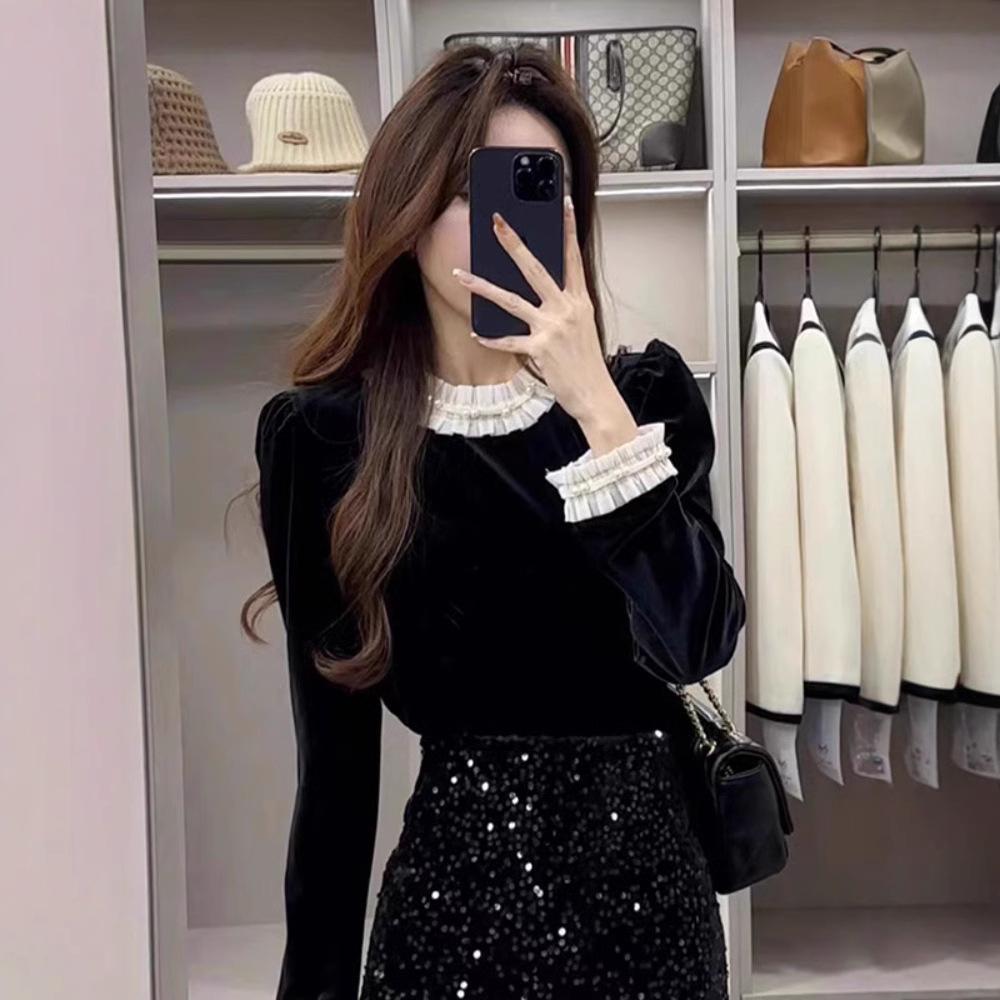 

Women s Spring 2025 Black Velvet Lace Patchwork Top L чёрный