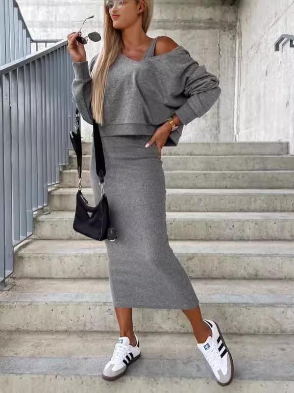 

Европейское и американское облегающее длинное платье на тонких бретелях с длинным рукавом и короткой толстовкой - Осенне-зимний однотонный комплект 2024 S чёрный