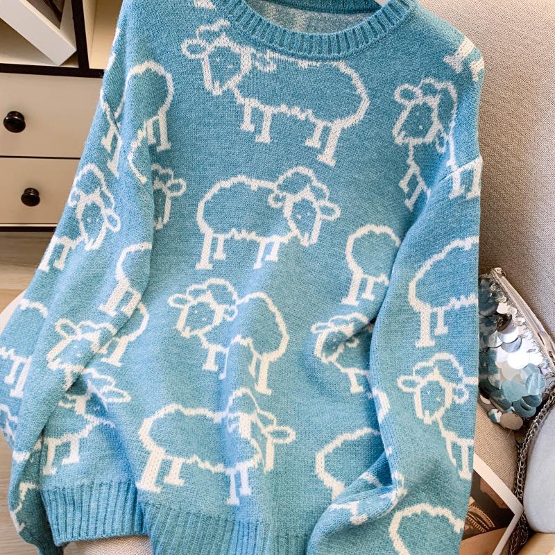 New Spring 2026 Korean-Style Cartoon Knit Sweater - Loose Fit, Round Neck, Large Size for Women