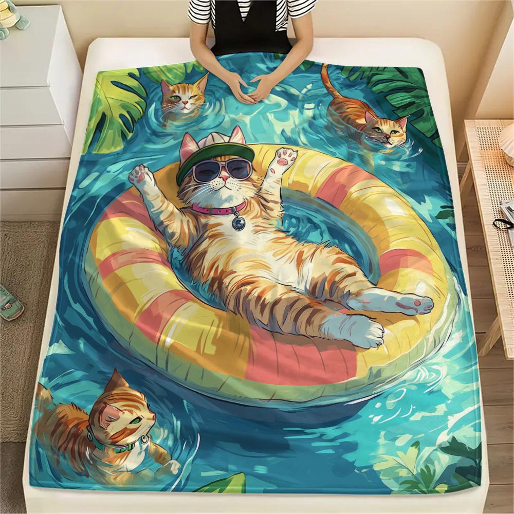 Cats with Swim Rings  Print Flannel Blanket, High quality Comfortable for All Seasons, Home Decor, Warmth and Comfort