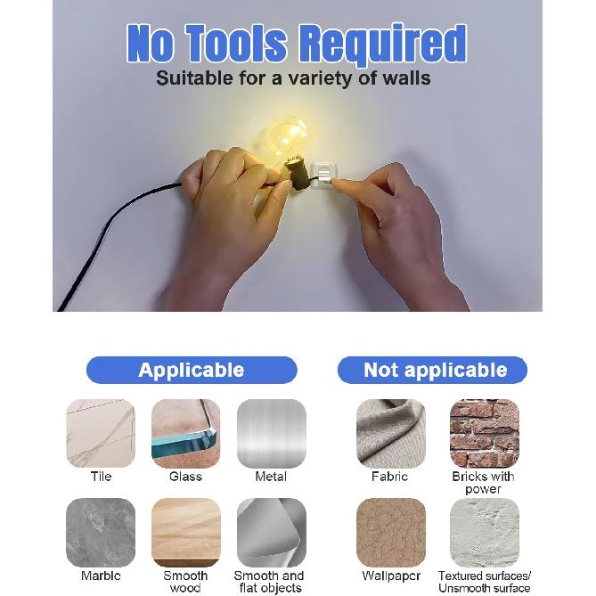 LZC Hooks for Outdoor String Lights Clips: 20 Pack Large Clear Rectangle Outdoor Light Clips Waterproof Adhesive Strips - Heavy Duty Outside Hanging