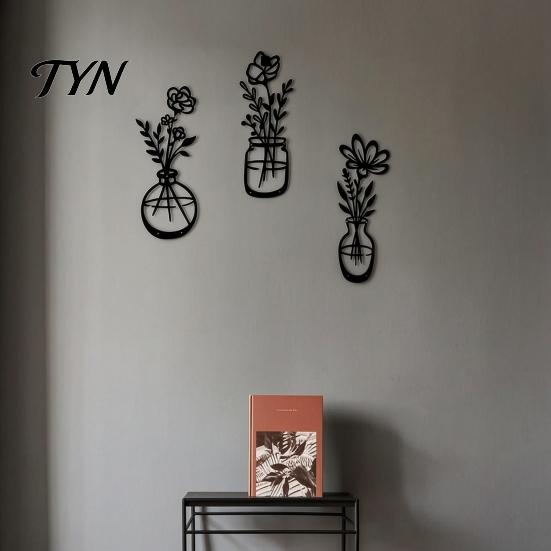 Commercial Space Wall Decoration 3Pcs Black Metal Flower Decor, Rustic Farmhouse Boho Art, Minimalist Iron Sculpture Vase Floral Hanging Decor