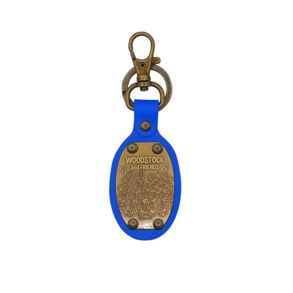 Ushikubo Kogei Snoopy Oval Leather 40mm Wide X 110mm Long X 4mm Keychain, Woodstock, Blue, Thick, SN-322