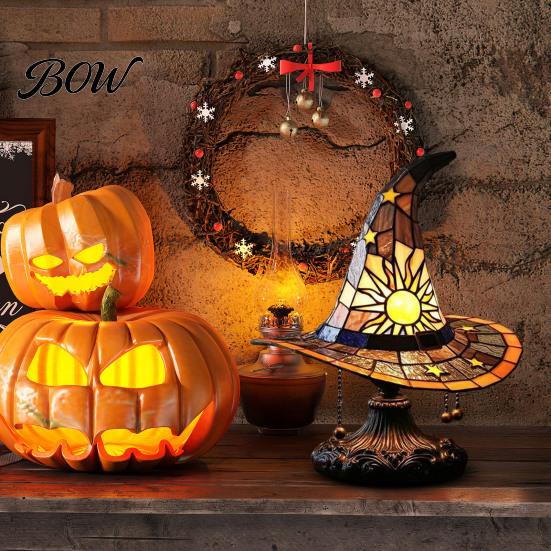Warm Ambient Lighting Stained Glass Style Witch Hat Lamp, USB Powered Resin Wizard Night Light Retro Gothic Lamp with Sun Star, Halloween Table