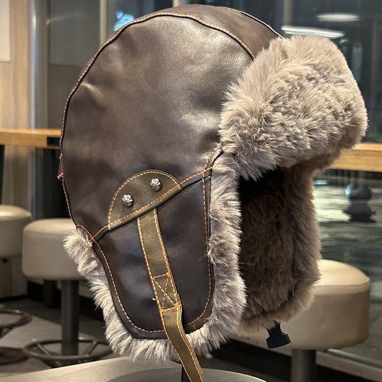 Leather Retro Lei Feng Hat for Men and Women In Winter Plus Velvet Thickened Warm Ear Protection Northeast Outdoor Cycling Cold Snow Hat