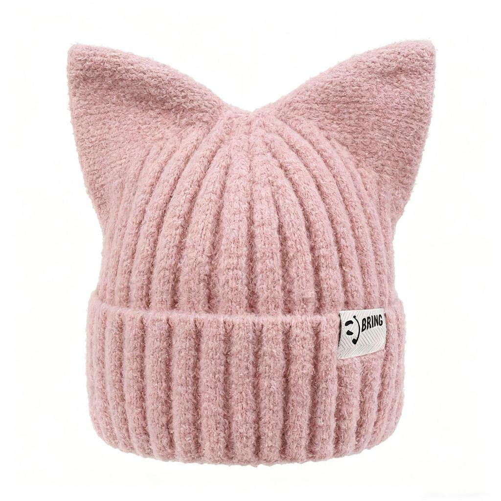 Women's Korean Fashion Cat Ear Wool Hat – Large Head Circumference, Knitted for Warmth, Shows Smaller Face, Perfect for Autumn & Winter