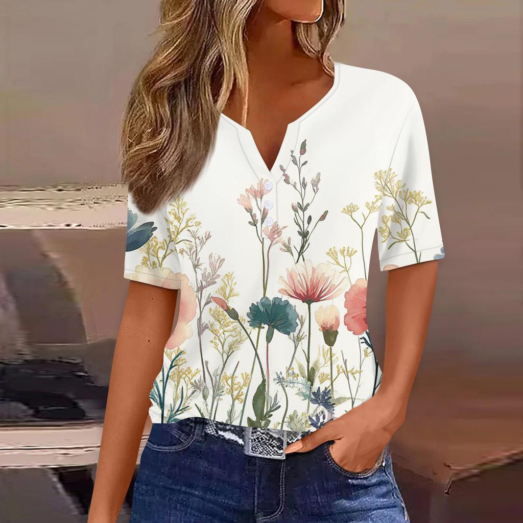 Damska koszulka z nadrukiem, guzikami, krótkim rękawem, codzienna, weekendowa, modna, podstawowa, dekolt w serek, regularna góra