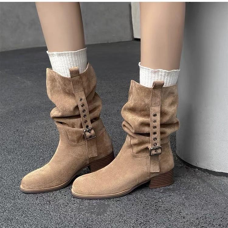 Sheepskin Vintage Skinny Pleated Pile Boots Brown Merad Medium Boots Women's Coarse Heel Western Cowboy Boots Short Boots