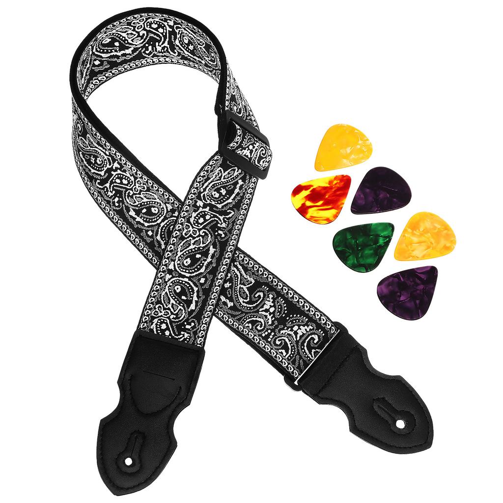 Bestickte Gitarrengurte mit 6 Plektren Nationaler Stil Gitarrengurt Verstellbarer Schultergurt Gürtel Gitarrenzubehör