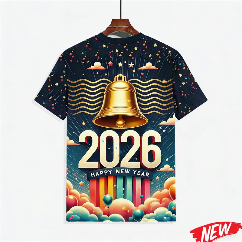 Men s T-shirt with colorful balloon and fireworks pattern, Happy 2026 New Year, short-sleeve holiday party family crew neck T-shirt 6XL