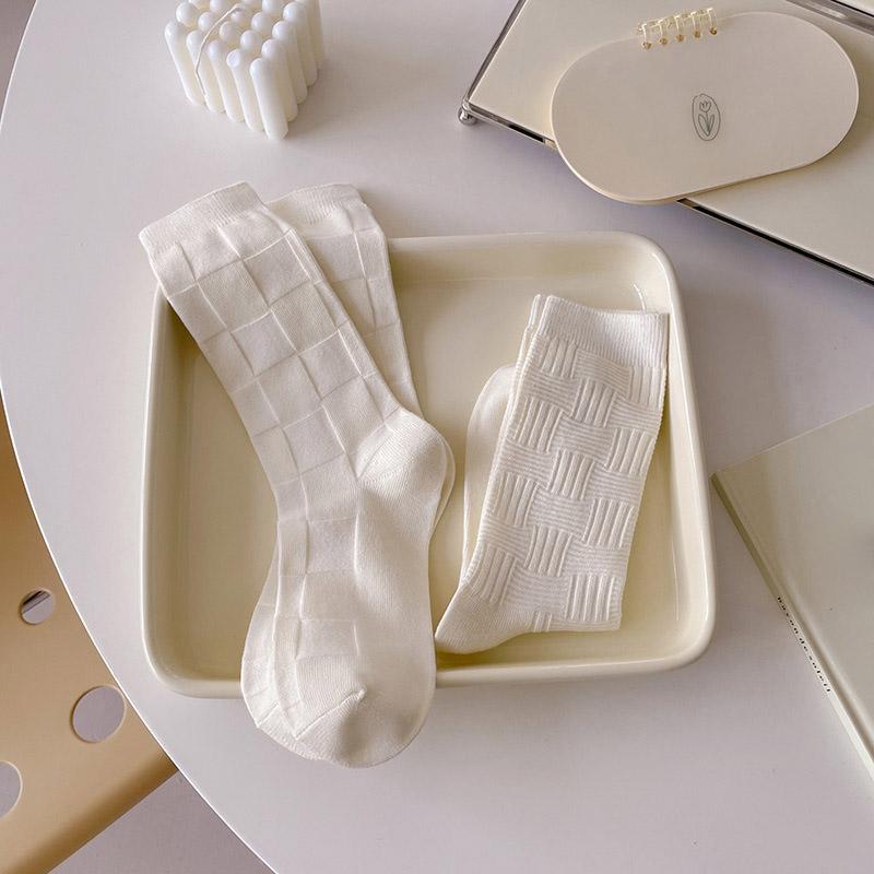 Women's Socks White Breathable Casual Japanese Style Crew White Socks Simple Basic High Quality Ladies Plain Socks Striped Girl