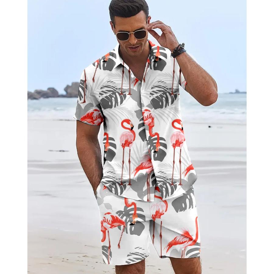Funny 3D Flamingo Print Men's Shirt Beach Vacation Short Sleeve and Shorts Two-Piece Set