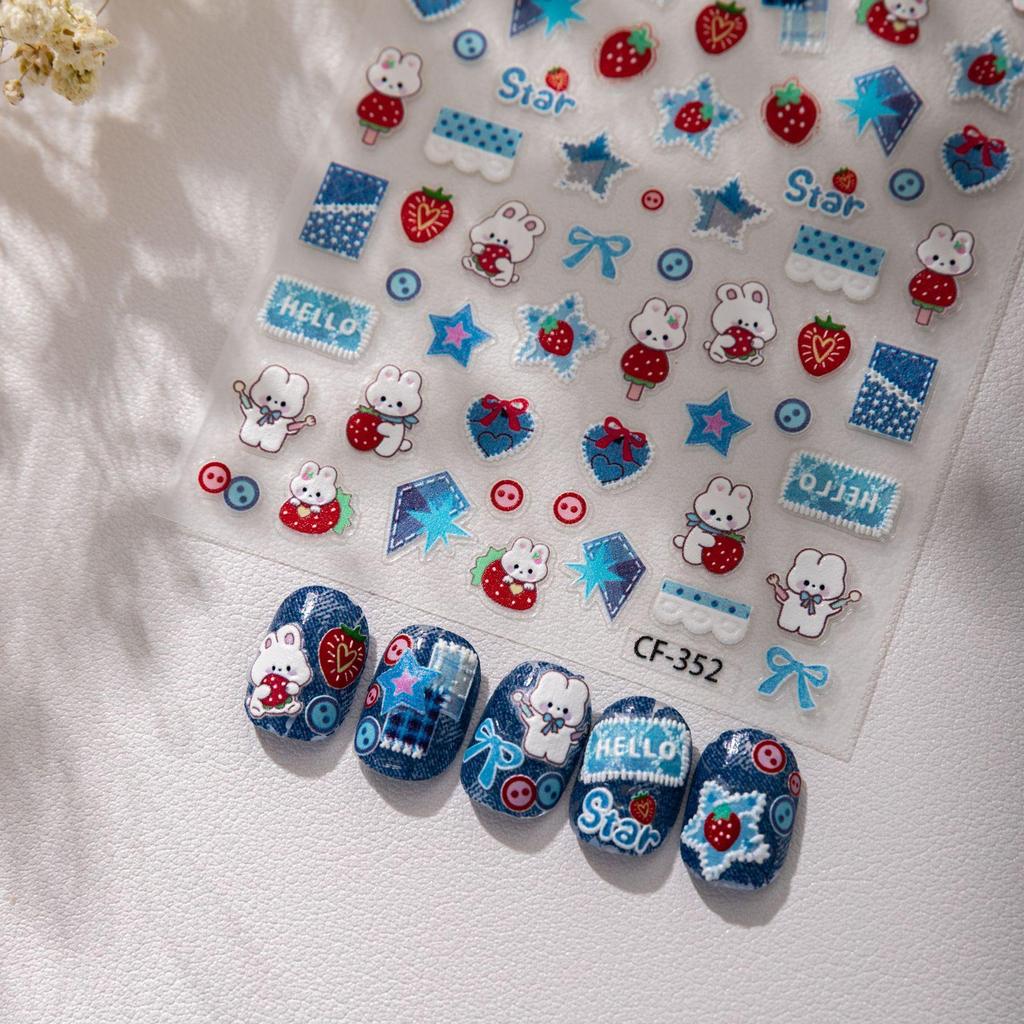 Retro Blue Denim Bunny Nail Art Stickers with Stars, Hearts, and Bow Embossed - Perfect for DIY Journals