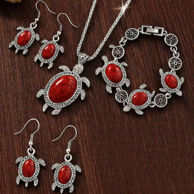 European & American Bohemian Turquoise Jewelry Set: Necklace, Earrings & Bracelet In Ethnic Style