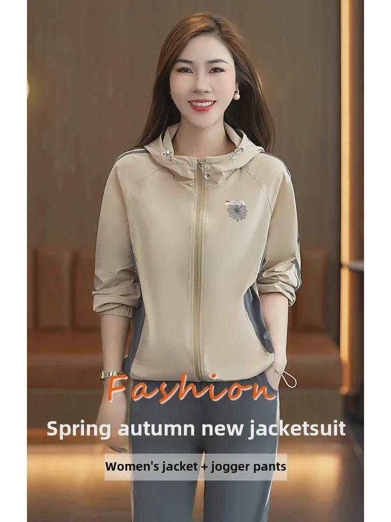 Women's Spring & Autumn Hooded Fashion Tracksuit - Stylish Contrast Color Two-Piece Suit with Sweatpants