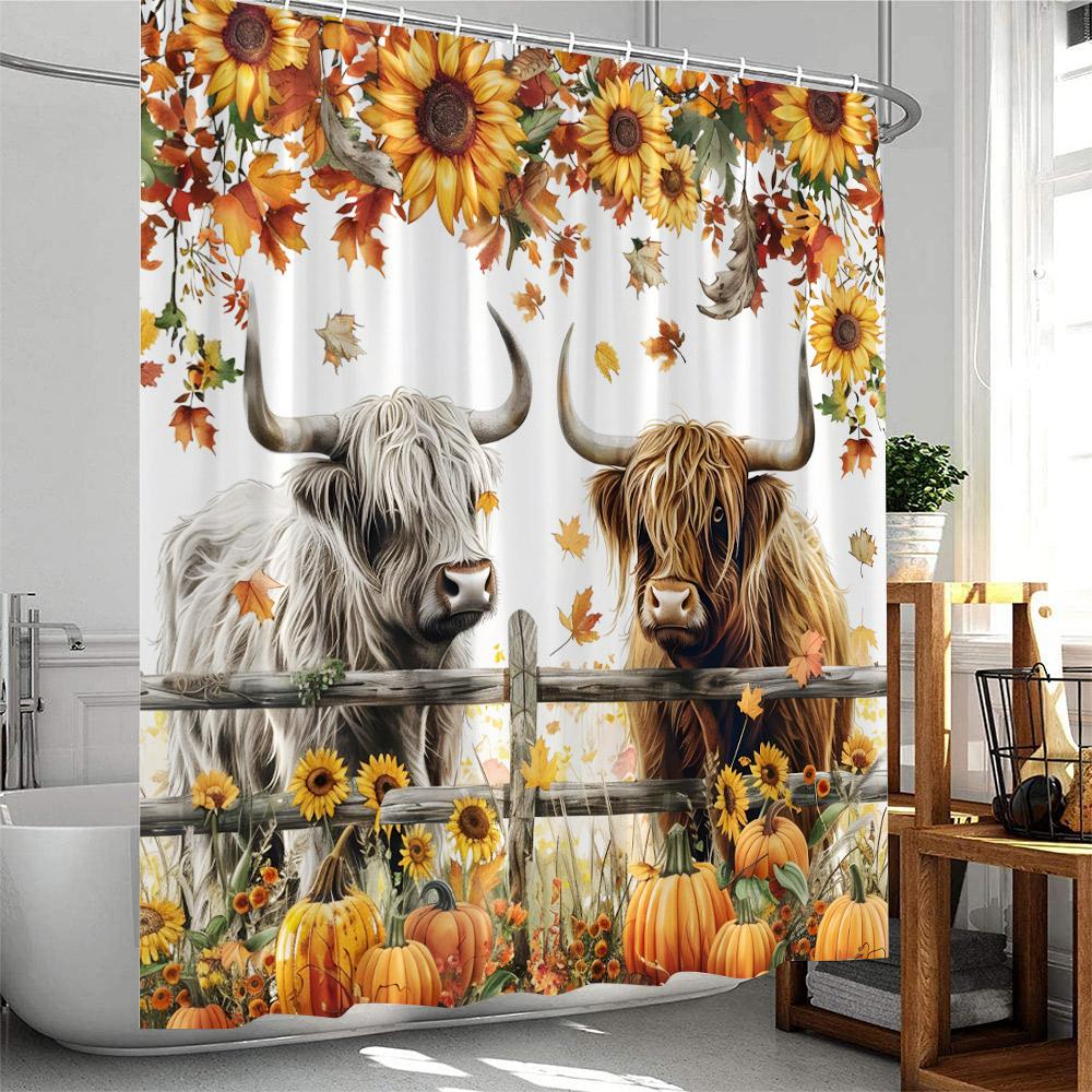 Highland Cow Farmhouse Shower Curtain Country Bathroom Decor Cattle Sunflower Floral Pumpkin Autumn Polyester Bathtub Curtain 90x180cm-35x70in