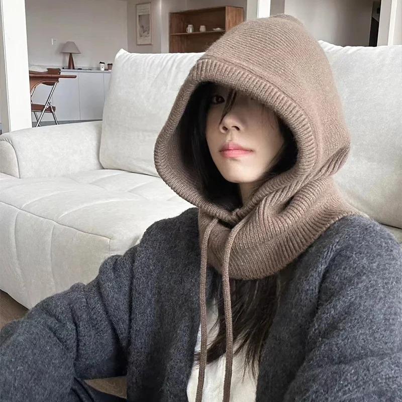 Knitted Hooded Caps Winter Balaclava Hats Women Korean Style Outdoor Warmer Drawstring Hats One-Piece Neck Collar Beanies Cap