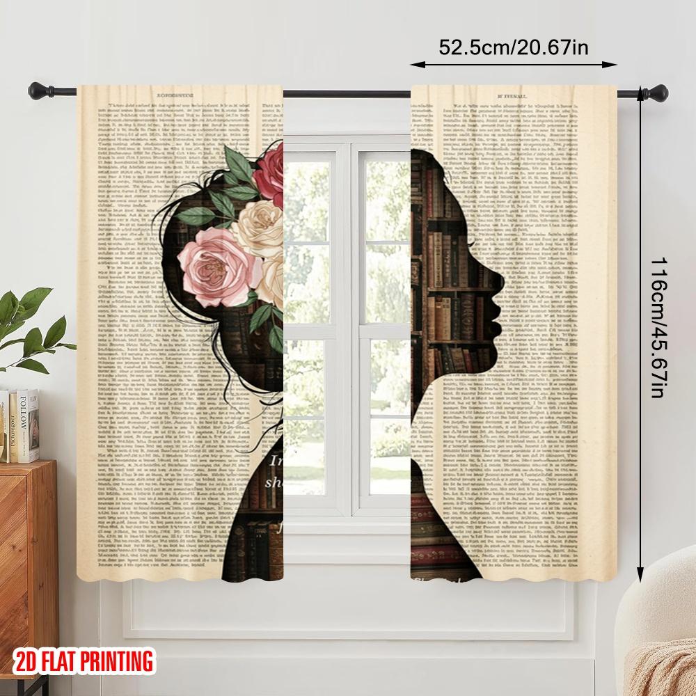 2pcs 2D flat printing Curtain Vintage Book Woman Floral 100% Polyester Fabric Without Electricity Seasonal Party & Holiday Decor