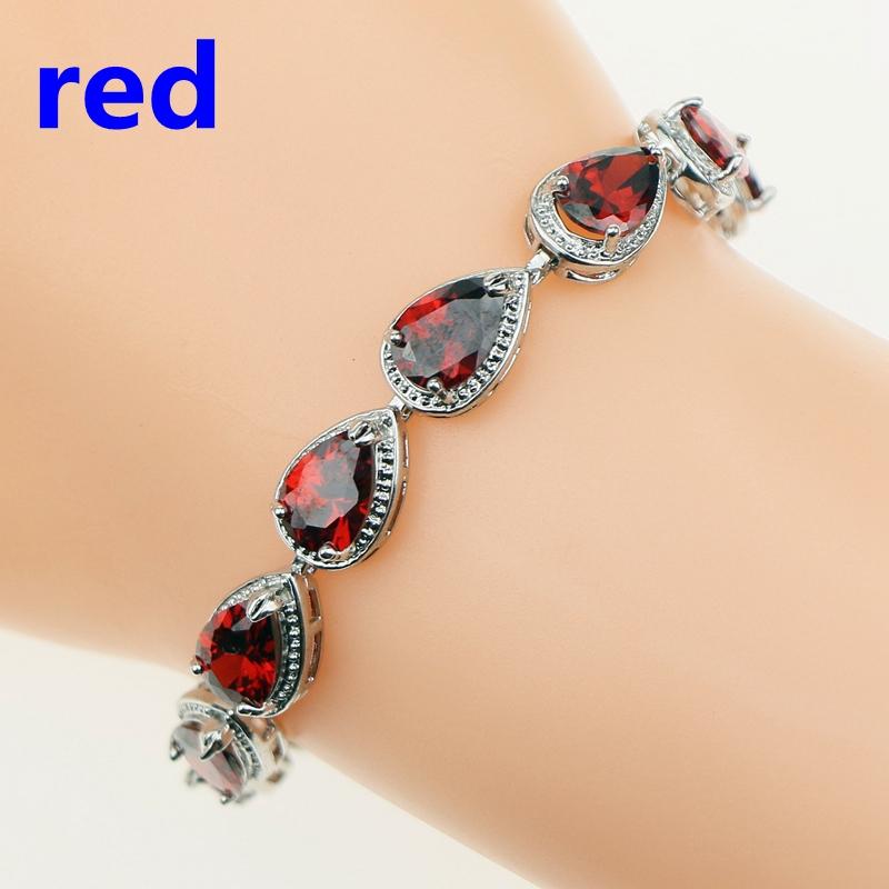 Water Drop Red Garnet CZ 925 Silver Jewelry Length 21cm Link Chain Bracelet for Women Free Gift Box