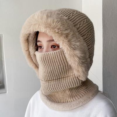 Women's Outdoor Fleece One-piece Knitted Cap Neck Protector Ear Protector Warm Cap Adult Pullover Hat Wool Cap