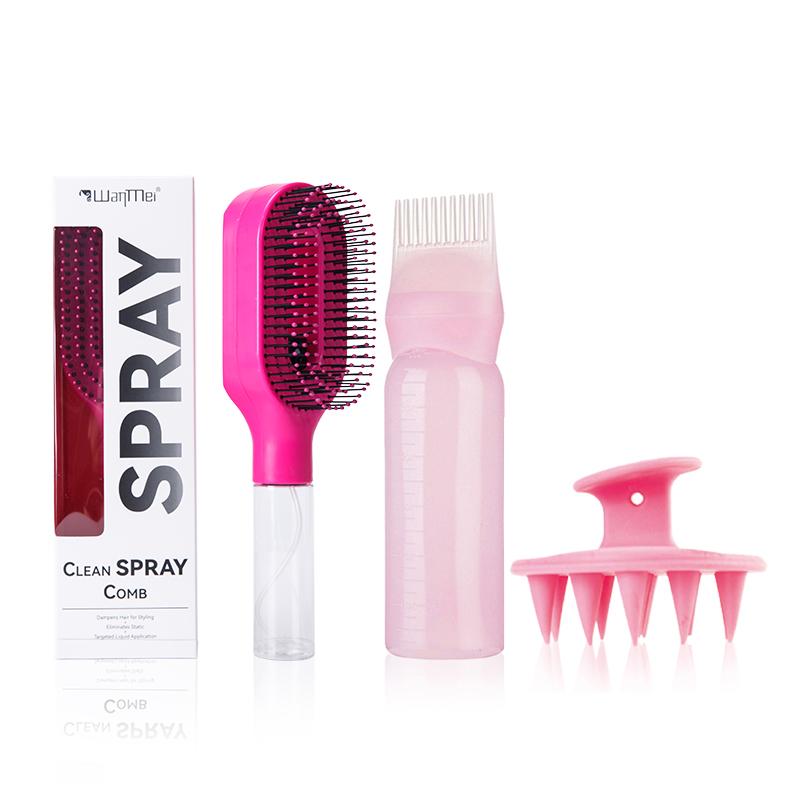 3Pcs Scalp Treatment Tool Set Detangler Brush Root Comb Applicator Bottle Hair Care Kit for Nourishing Treatment rose red