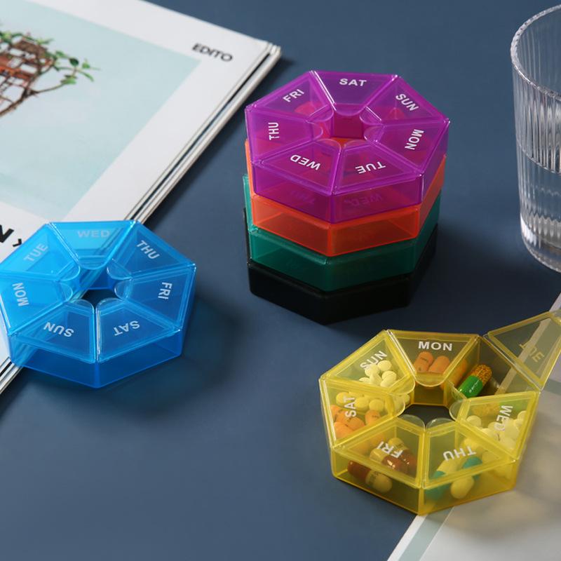 Portable one week seven compartment color transparent pill storage box seven day pill box