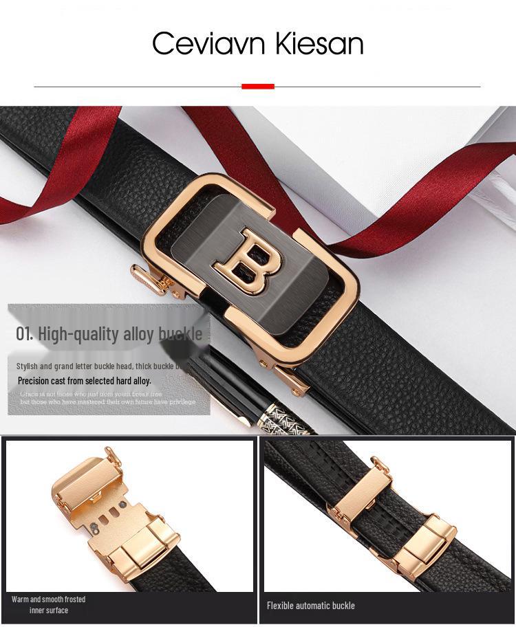 Men's Genuine Leather Belt with Automatic Buckle – Fashionable, Versatile, and Trendy Business Waistband with Gift Box Packaging.