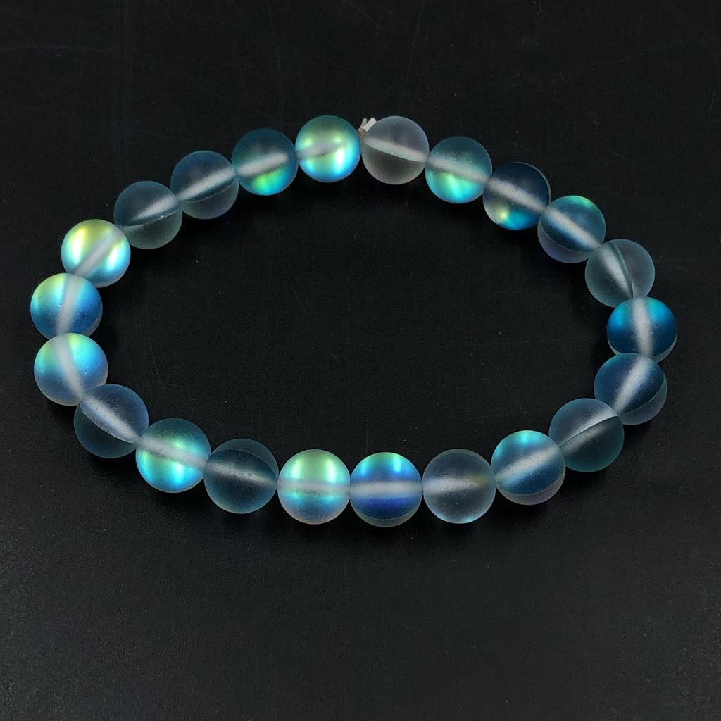Náramek z korálků 8mm Přírodní Matný Aura Křemen 7.5" Ručně vyráběný Aqua Modrý Matný Pružný Unisex Dárek RBB-86