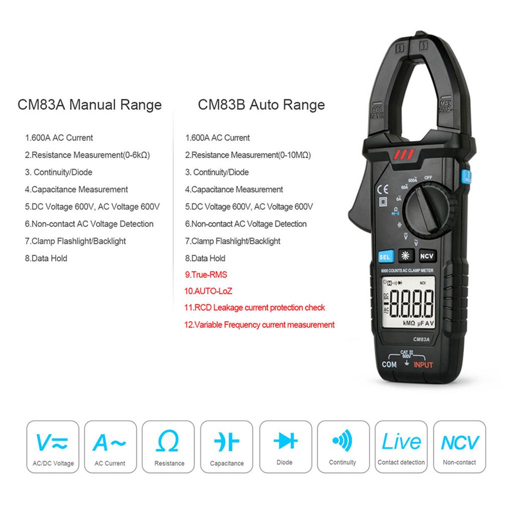  Digital Clamp Meter 600A AC Current 600V AC/DC Voltage Capacitance Measurement Data Hold Backlight NCV Tester Multimeter