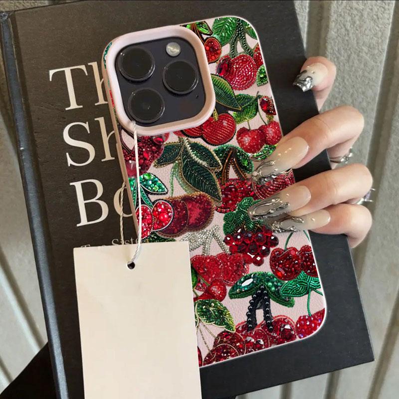 

Cherry Patchwork Design Lyche Texture Phone Case For IPhone 17 Air 16 16e 15 14 13 12 11 ProMax Chiffon Texture Back Cover Coque iphone 17 Air