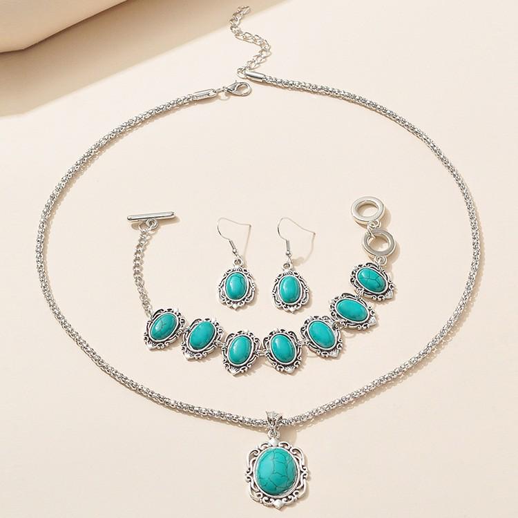 European & American Bohemian Turquoise Jewelry Set: Necklace, Earrings & Bracelet In Ethnic Style