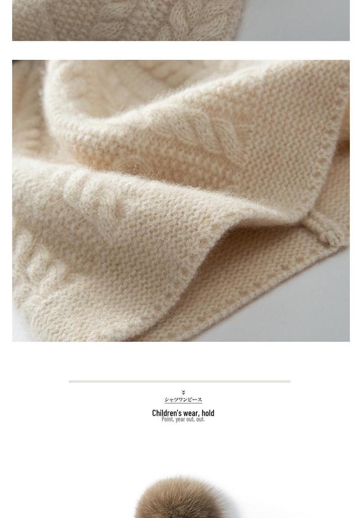 Women's 100% Pure Cashmere Cable Knit Hat with Pom-Pom, Ear Protection, Retro Style, Autumn/Winter