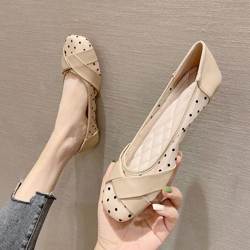 Fashion Flat Shoes for Women Spring Summer Polka Dots Bowknot, Mesh, Breathable Flat Sole Single Shoes for Women Square Toe Boat Shoes