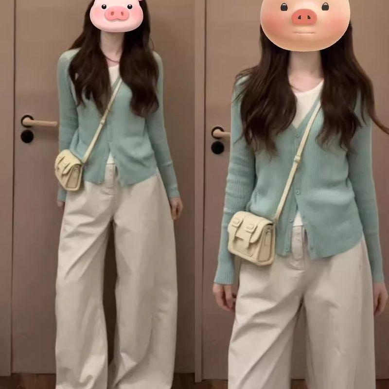 

Early Spring Green Fake Two Pieces Knit Top Cardigan Women Spring and Autumn Casual Lazy High Sense V-neck Sweater Outerwear Green XL