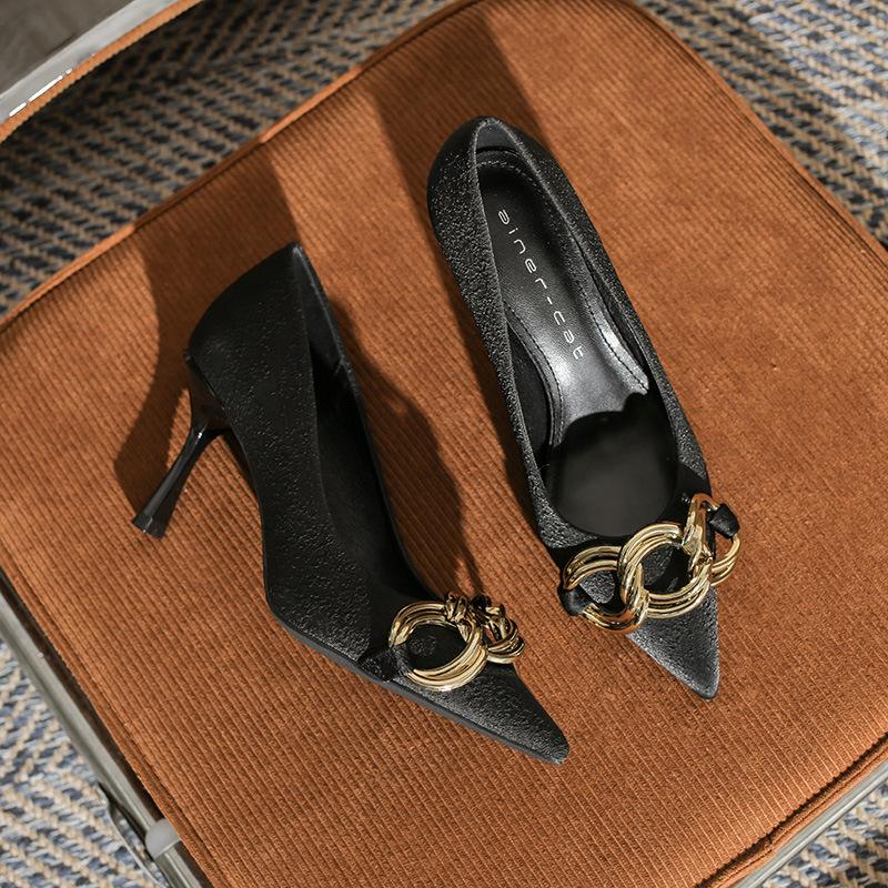 85506 high heels women's spring 2025 new European and American style metal chain pointed head shallow mouth stiletto shoes