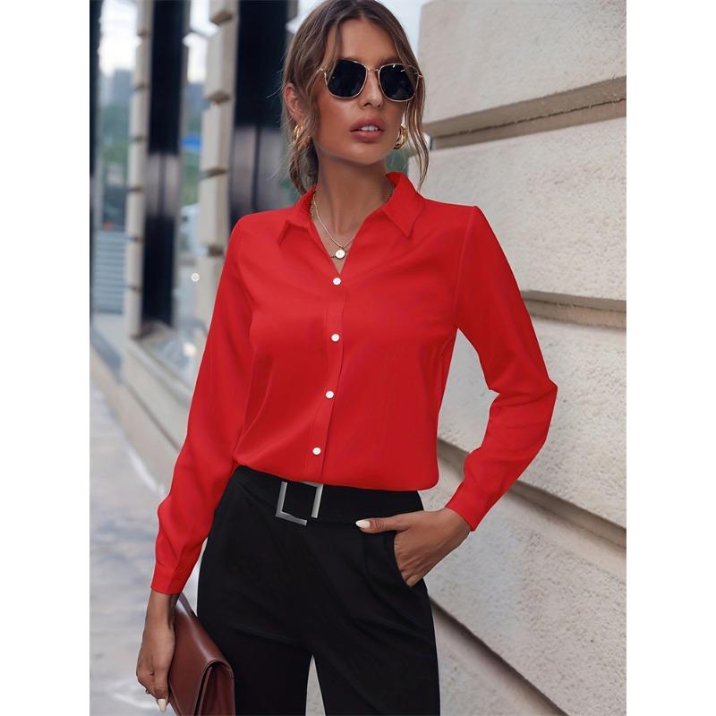 Chemise Femme Tempérament Décontractée Ample Confortable Bouton Revers Mode Chemise Couleur Unie Manches Longues Chemise de Bureau Femme