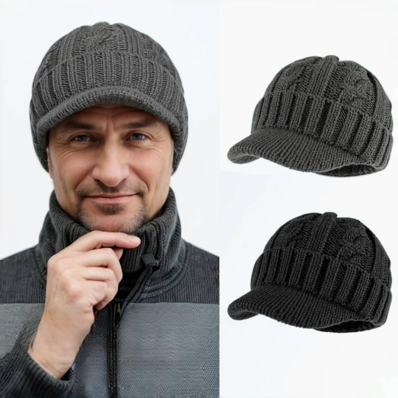 Warm Windproof Wool Duckbill Hat for Men - Cable Knit with Fleece Lining, Ear Protection, Winter-Ready