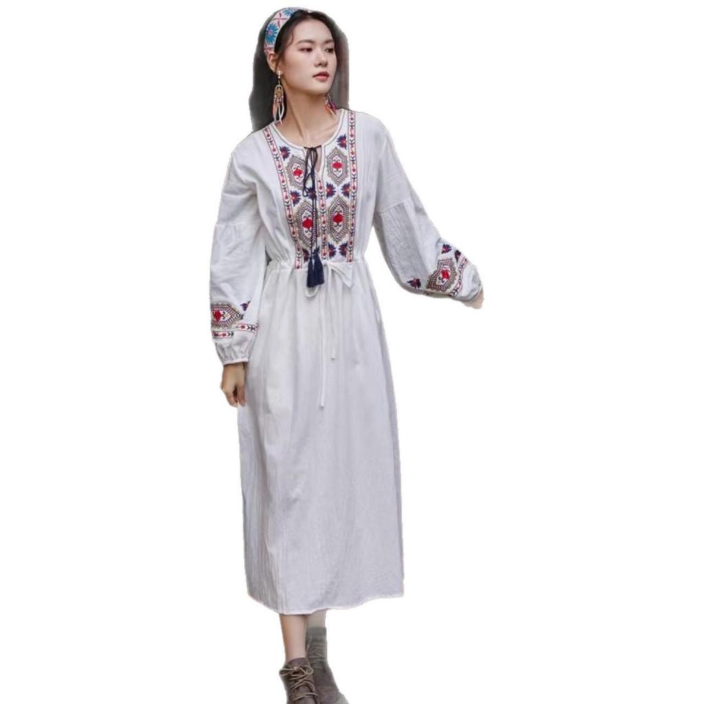 Artistic Retro White Slimming Embroidered Cotton Linen Dress