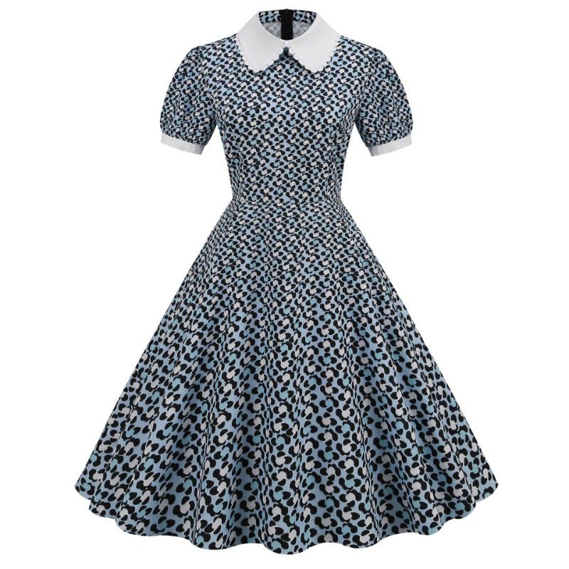 

Source Summer bundle neck doll collar splicing printing retro medium and long dress S